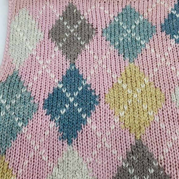 80’s Vintage hand-knit pastel pink argyle sweater-vest ramie metallic Large - Picture 5 of 12